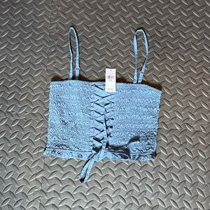 American Eagle Blue Smocked Lace-Up Women's Top